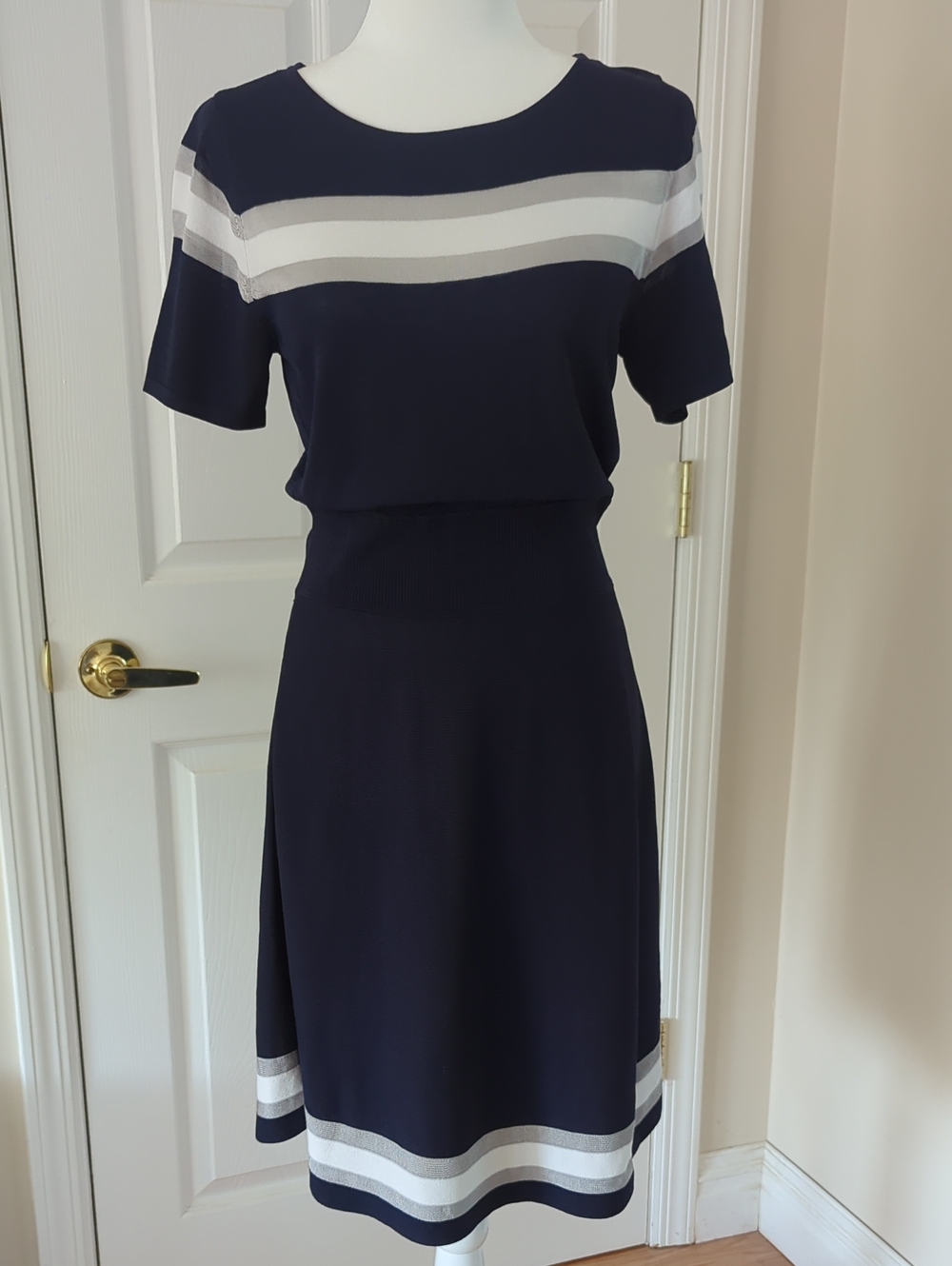 Catherine Malandrino Navy Dress with White and Light Gray Stripes